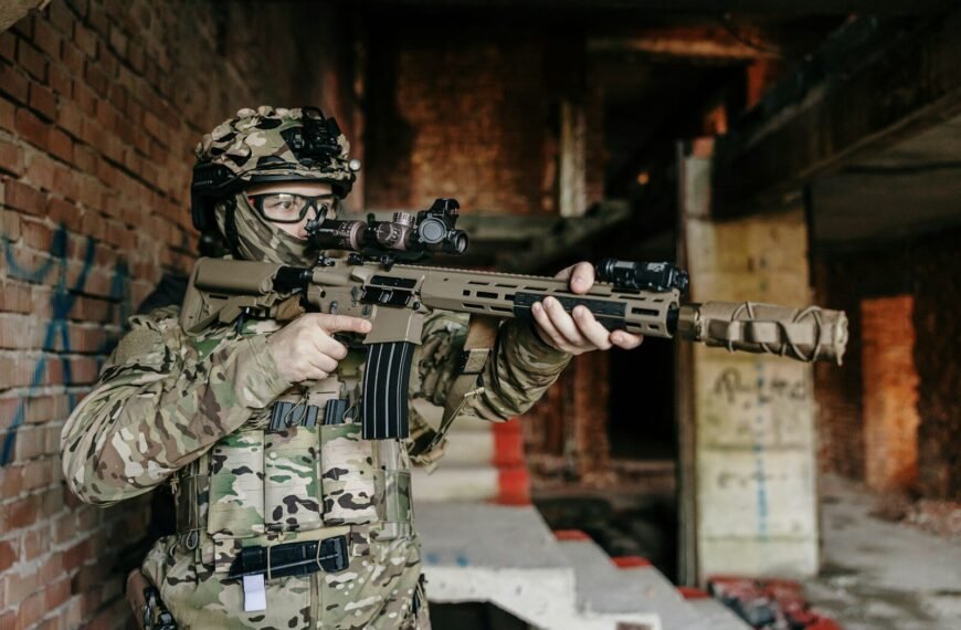 Soldier in camouflage holding a rifle indoors.